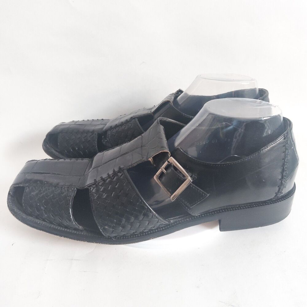 Stacy Adams Black Woven Leather Fisherman Sandals Size 12 Huarache Silver Buckle - Picture 6 of 13